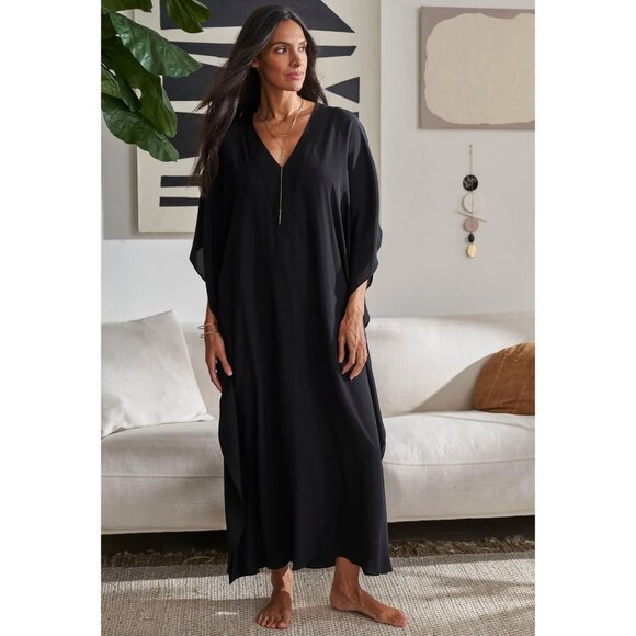 OCEAN + MAIN Black Silk V-Neck Placket Long Caftan Sz 2X - Picture 4 of 12